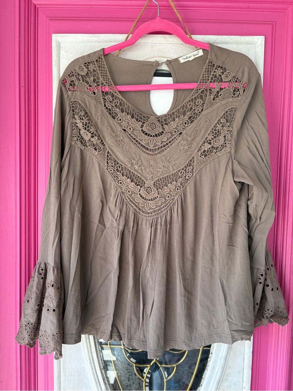 indigo soul Taupe Crochet Yoke Peasant Tunic